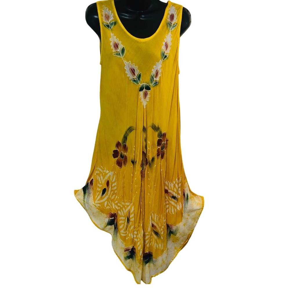 Y2K CW‎ Classics Midi Dress Womens L Yellow Batik Handkerchief Hem Boho Artsy